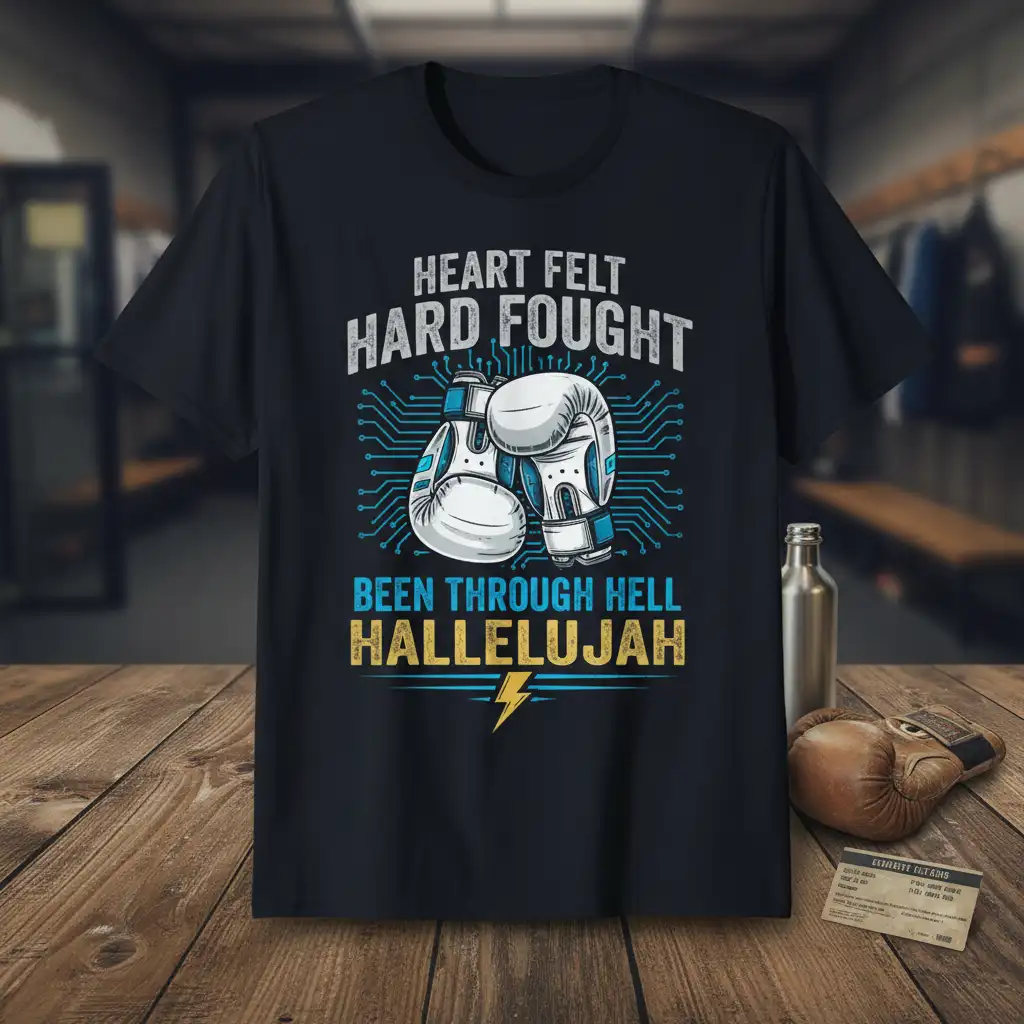 Heart Felt Hard Fought Been Through Hell Hallelujah boxing quote t-shirt with motivational graphics