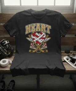 Heart Hockey T-Shirt design featuring a stylized heart with hockey skates, crossed sticks, and wings, with the word HEART above