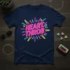 Heart Throb neon quote t-shirt with pink, yellow, and blue neon lights and a small white heart graphic