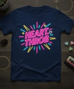 Heart Throb neon quote t-shirt with pink, yellow, and blue neon lights and a small white heart graphic