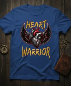 Heart Warrior t-shirt design with a stylized anatomical heart, black wings, and bold yellow text