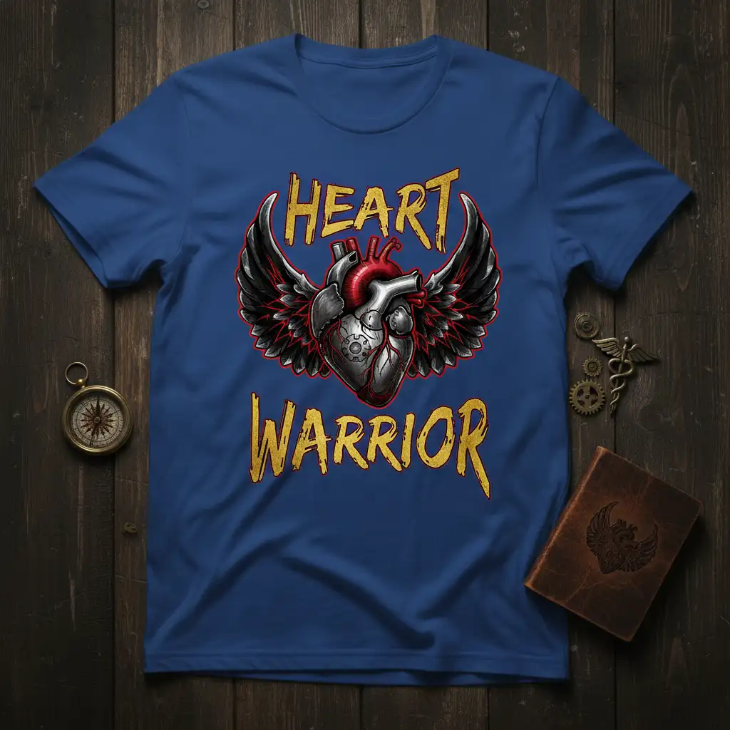 Heart Warrior inspirational quote tee with anatomical heart and wings graphic