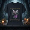 T-shirt design with gold text "Heart of a witch" above a dragon and purple rose, and "Soul of a dragon"