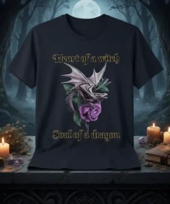 T-shirt design with gold text "Heart of a witch" above a dragon and purple rose, and "Soul of a dragon"