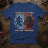 Heart of a Wolf Soul of a Dragon t-shirt design featuring a blue wolf and a red dragon facing each