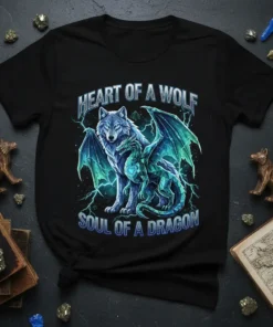 Heart of a Wolf Soul of a Dragon t-shirt design featuring a blue wolf and green dragon with glowing wings