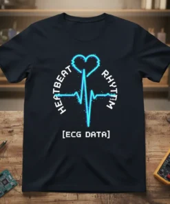 Heartbeat Rhythm ECG Data t-shirt design featuring a neon blue EKG line forming a heart and the text "HEARTBEAT RHYTHM