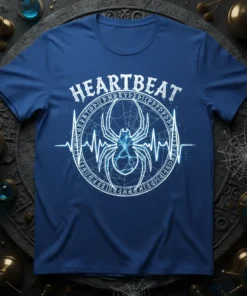 Heartbeat spider t-shirt design with a white spider graphic, ECG line, and runes on a blue shirt
