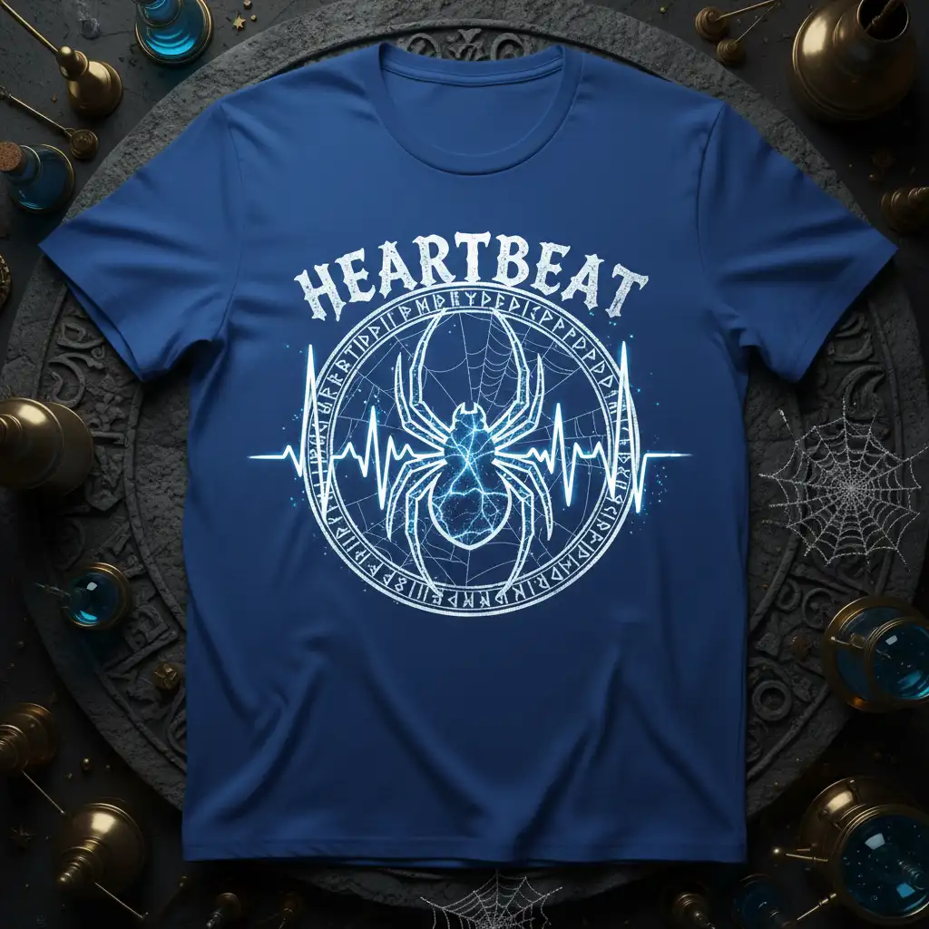 Heartbeat spider and EKG t-shirt design with white gothic runes and a central spider graphic