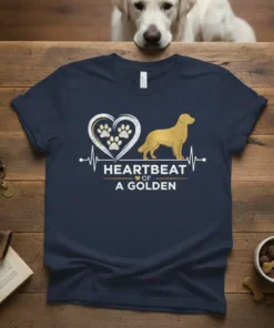 Heartbeat of a Golden T-Shirt with golden retriever graphic and paw prints in a heart, on a navy blue tee
