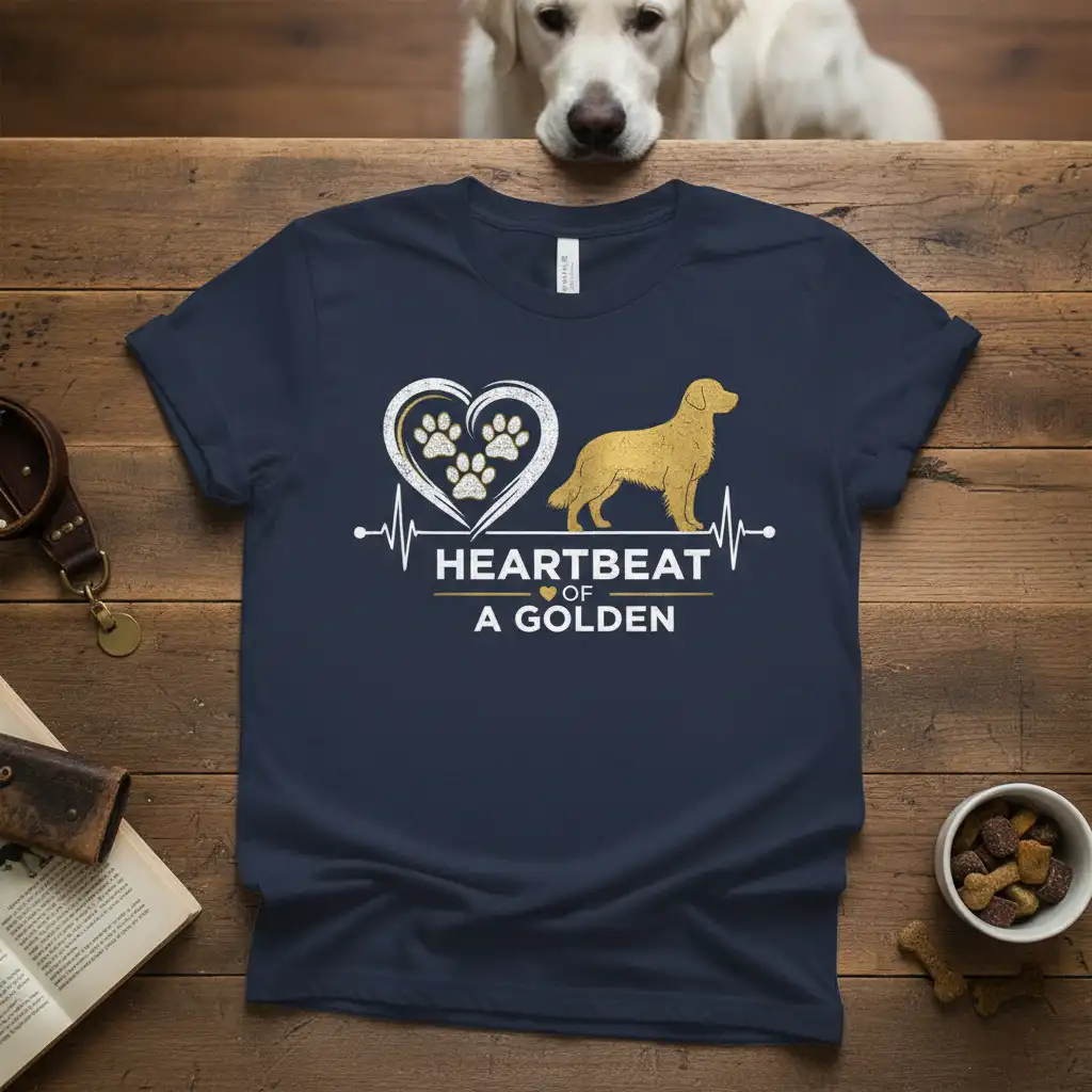 Heartbeat of a Golden T-Shirt design with golden retriever silhouette and paw print heart graphic