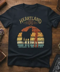 Heartland t-shirt with vintage sunset, horse silhouette, and cowgirl rider graphic