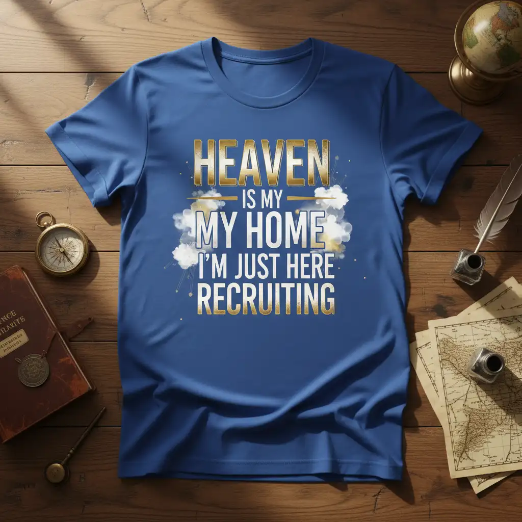 HEAVEN IS MY MY HOME I'M JUST HERE RECRUITING quote on a blue t-shirt with cloud graphics