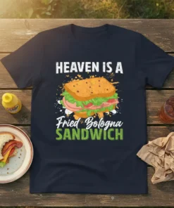 Heaven Is A Fried Bologna Sandwich t-shirt design featuring a juicy sandwich graphic and distressed text