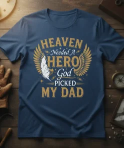 Heaven Needed A HERO God PICKED MY DAD text with wings and feather graphic on a navy t-shirt