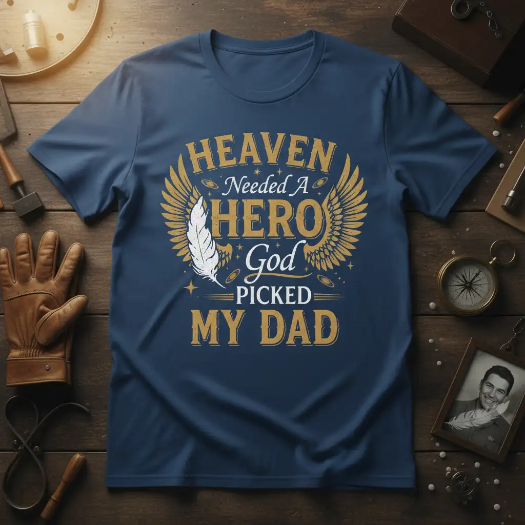 Heaven Needed A HERO God PICKED MY DAD quote with wings and feather graphic on a t-shirt