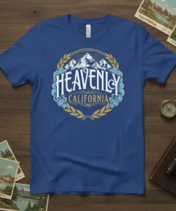 Heavenly California t-shirt design with mountains and laurel wreath graphic