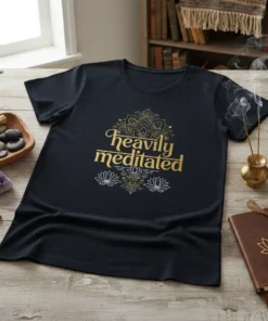 Black t-shirt with "heavily meditated" text in gold, featuring intricate mandala and lotus flower graphics