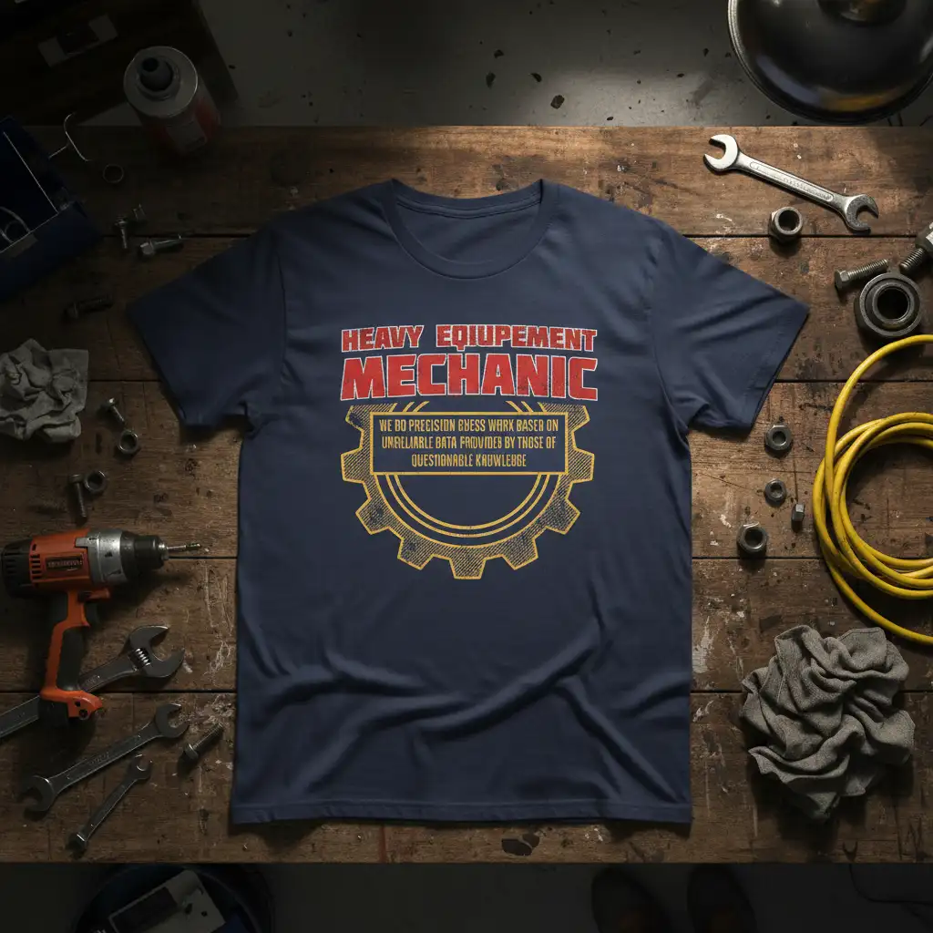 HEAVY EQUIPMENT MECHANIC WE quote printed with detailed print on quality cotton blend t-shirt design