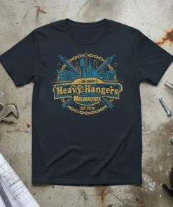 Heavy Hangers Milwaukee EST. 2016 T-Shirt with blue and gold industrial cityscape graphic and chain accents