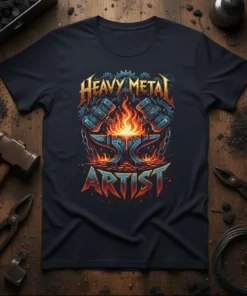 Heavy Metal Artist T-Shirt with fiery anvil, hammers, and gears graphic