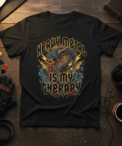 Heavy Metal Is My Therapy t-shirt with a colorful dragon and guitars graphic