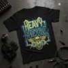 Black t-shirt with "HEAVY METAL LDMD" in bold gold and blue neon text, featuring a winged skull graphic and gear