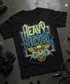 Black t-shirt with "HEAVY METAL LDMD" in bold gold and blue neon text, featuring a winged skull graphic and gear