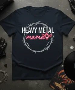 Heavy Metal Mama t-shirt design with barbed wire circle and neon pink "mama" text with a skull and bat wings