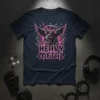 Heavy Metal t-shirt with a pink and black skull unicorn graphic, lightning, and gears