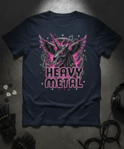 Heavy Metal t-shirt with a pink and black skull unicorn graphic, lightning, and gears
