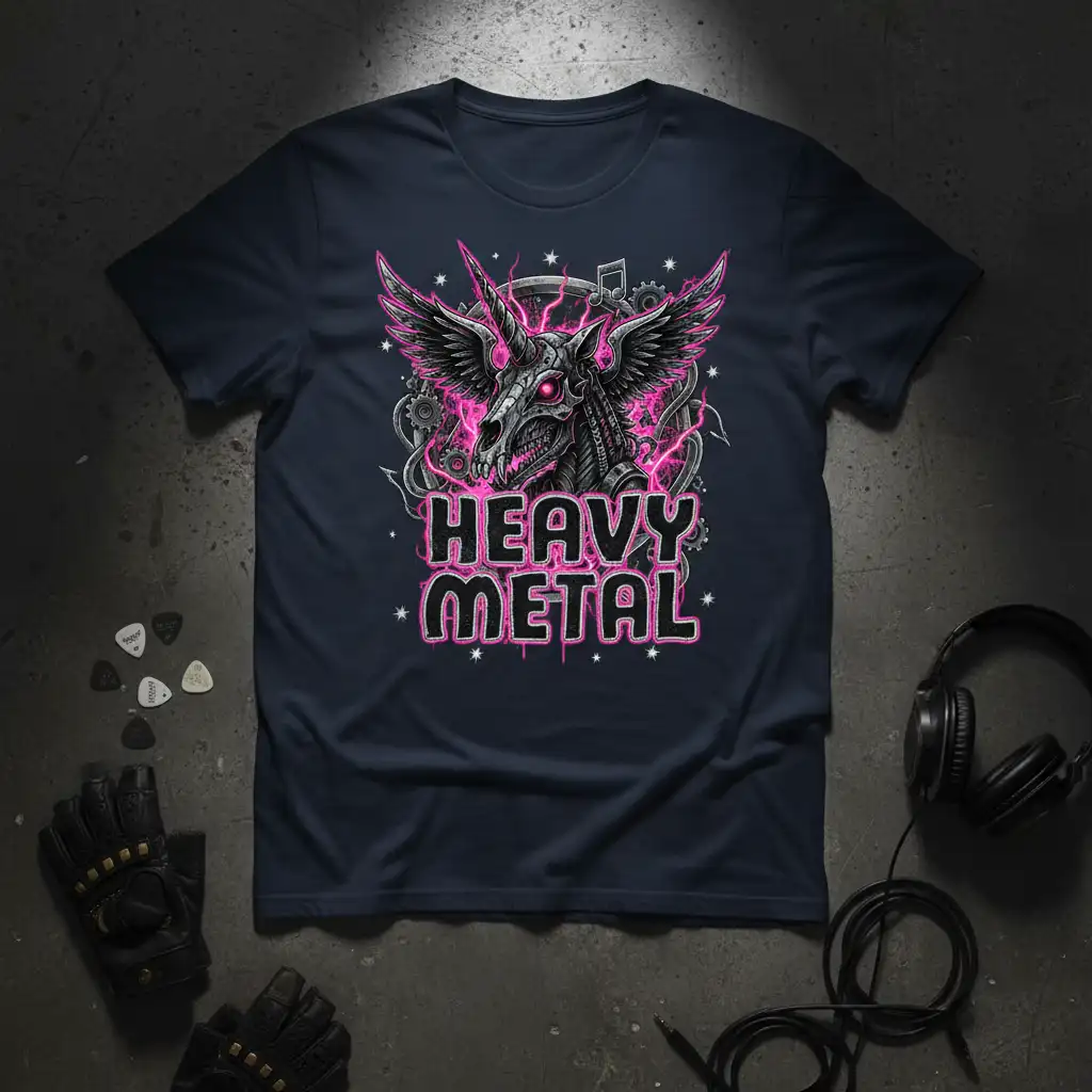 HEAVY METAL t-shirt featuring a pink and black winged skull unicorn with lightning and gears