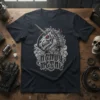 Heavy Metal Unicorn Skull T-Shirt with gothic typography and red-eyed skull design
