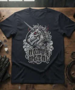 Heavy Metal Unicorn Skull T-Shirt with gothic typography and red-eyed skull design
