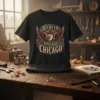 Black t-shirt with "Hecho en Chicago Chicago" text and a distressed eagle graphic, symbolizing Chicago pride