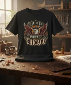 Black t-shirt with "Hecho en Chicago Chicago" text and a distressed eagle graphic, symbolizing Chicago pride