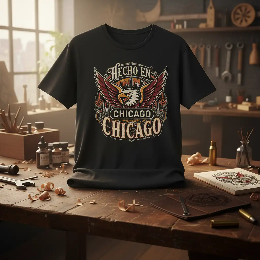 Hecho en Chicago Chicago text with an eagle graphic on a black t-shirt, representing Chicago pride and heritage