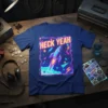 Heck Yeah text above a retro rocket launching with stars and lightning bolts on a blue t-shirt