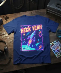 Heck Yeah text above a retro rocket launching with stars and lightning bolts on a blue t-shirt