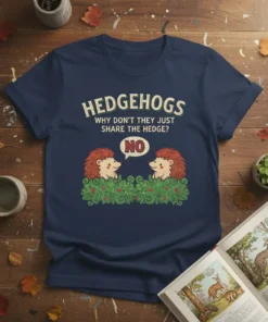 Hedgehogs Why Don't They Just Share The Hedge? NO t-shirt design with two hedgehogs talking amidst bushes