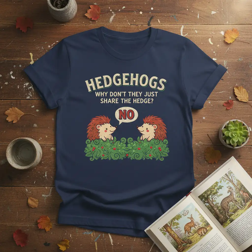 Hedgehogs Why Don't They Just Share The Hedge? NO quote with cute hedgehog characters on a dark heather t-shirt