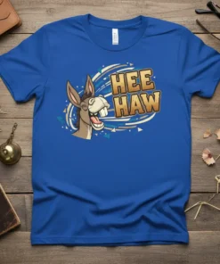 Hee Haw funny donkey t-shirt with cartoon illustration and bold text, perfect for farm animal lovers