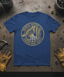 Heemeyer Welding and Demolition Granby Colorado circular logo on a blue t-shirt, featuring an excavator and welding graphics
