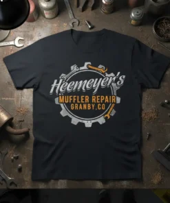 Heemeyer's Muffler Repair Granby,CO text inside a gear graphic on a black t-shirt, featuring wrenches and automotive theme