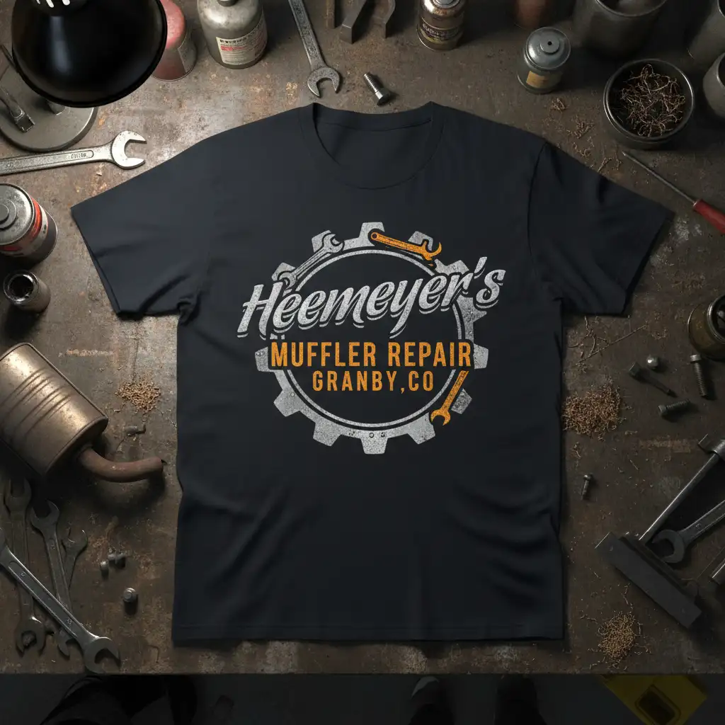 Heemeyer's Muffler Repair Granby,CO text with gear and wrench graphics on a black t-shirt, perfect for auto mechanics