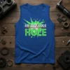HE/HIM/HOLE HOLE text design in green and white with a red underline on a blue tank top