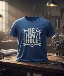 HE/HIM/HOLE text design with wrench and gear graphics on a blue t-shirt, automotive theme