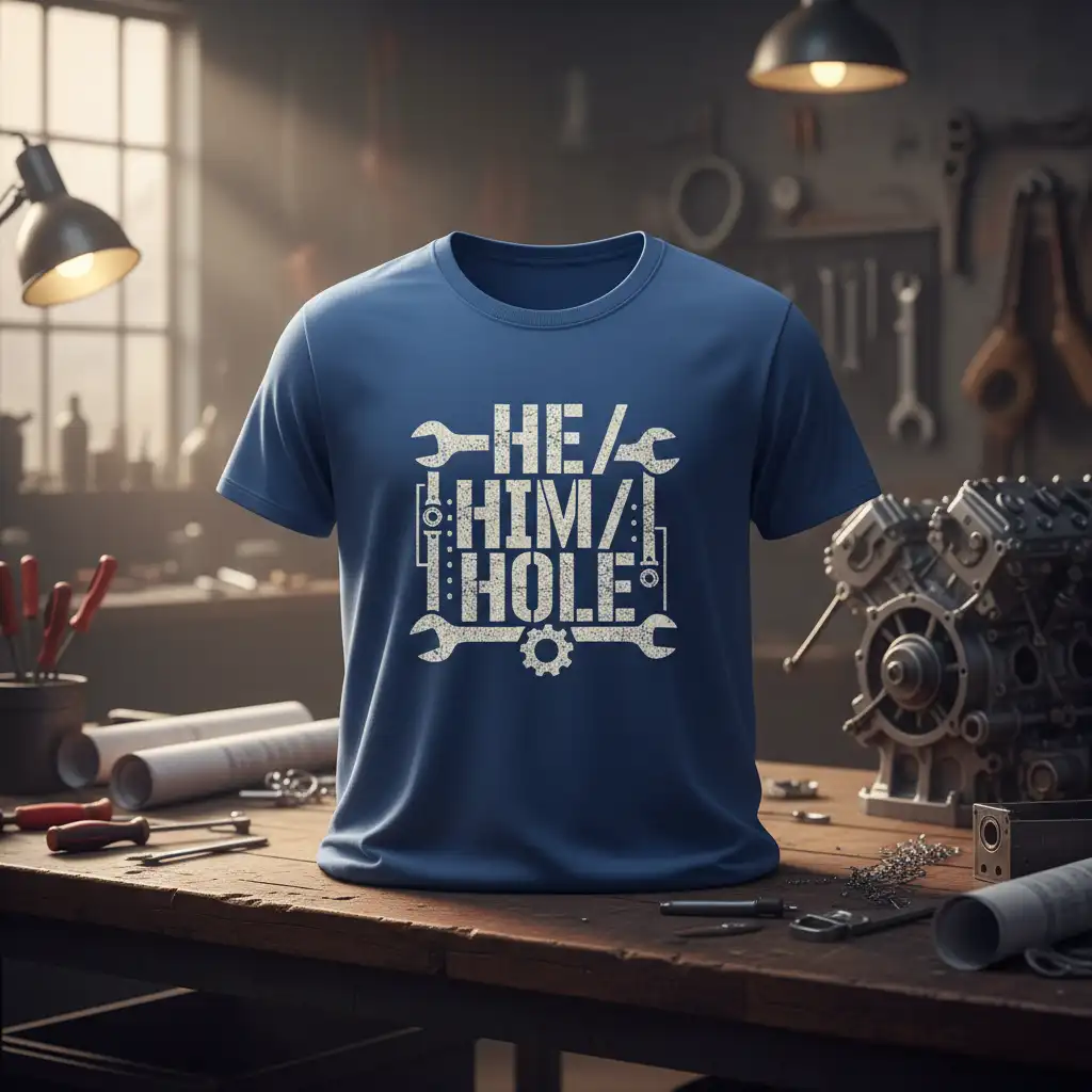 HE/HIM/HOLE mechanic text design featuring wrenches and a gear, symbolizing automotive passion on a blue tee