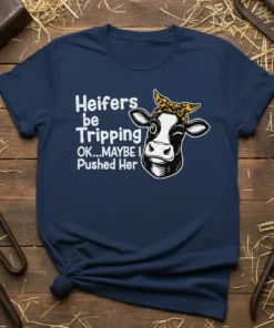 Funny cow t-shirt with text "Heifers be Tripping OK...MAYBE I Pushed Her" and a winking cow graphic wearing a bandana