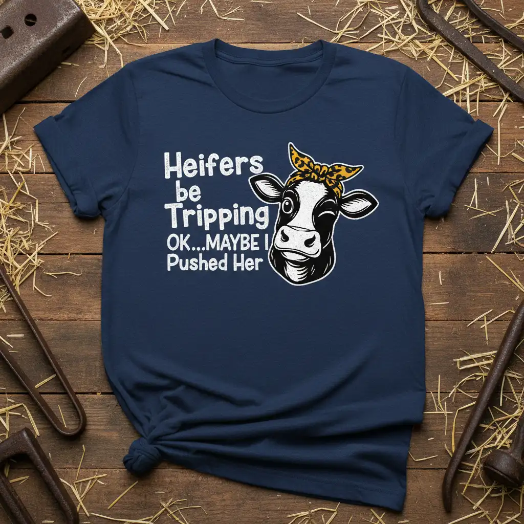 Heifers be Tripping OK...MAYBE I Pushed Her funny cow t-shirt design with sassy graphic